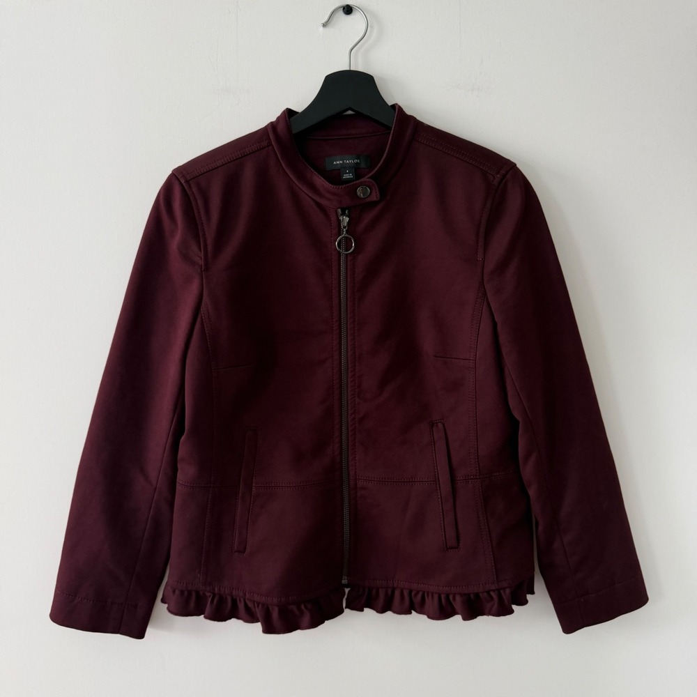 Ann Taylor Burgundy Ruffle Hem Zip Front Jacket Mandarin Collar Size 8